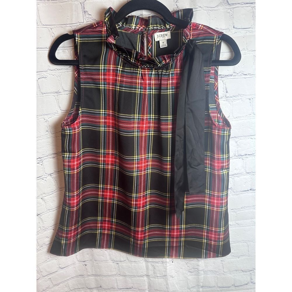 J. Crew Plaid Sleeveless Top Tie Neck Career Party Holiday Size S